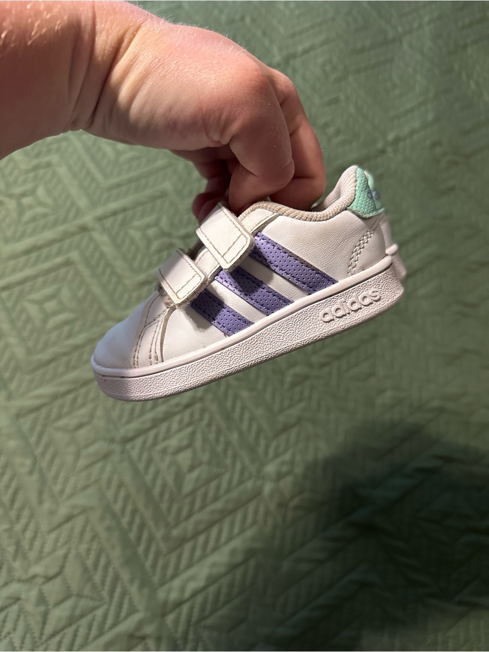 Adidas Kids White Sneaker with Purple Stripes and Mint Heel